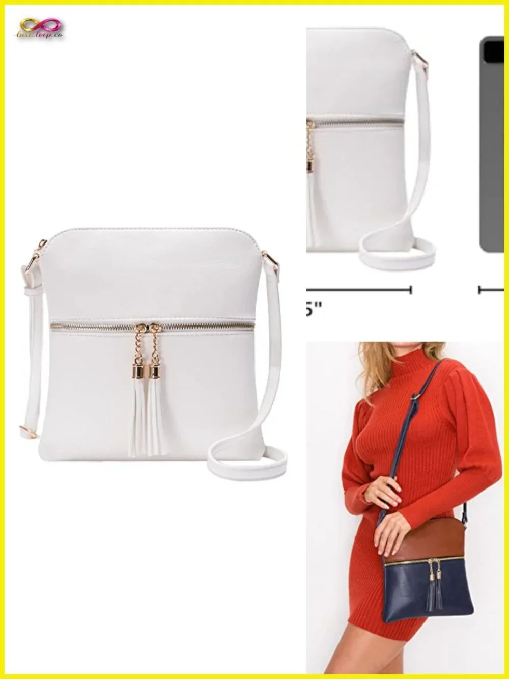 Lightweight Medium Crossbody Purse with Tassel, Faux Leather, Zip Closure